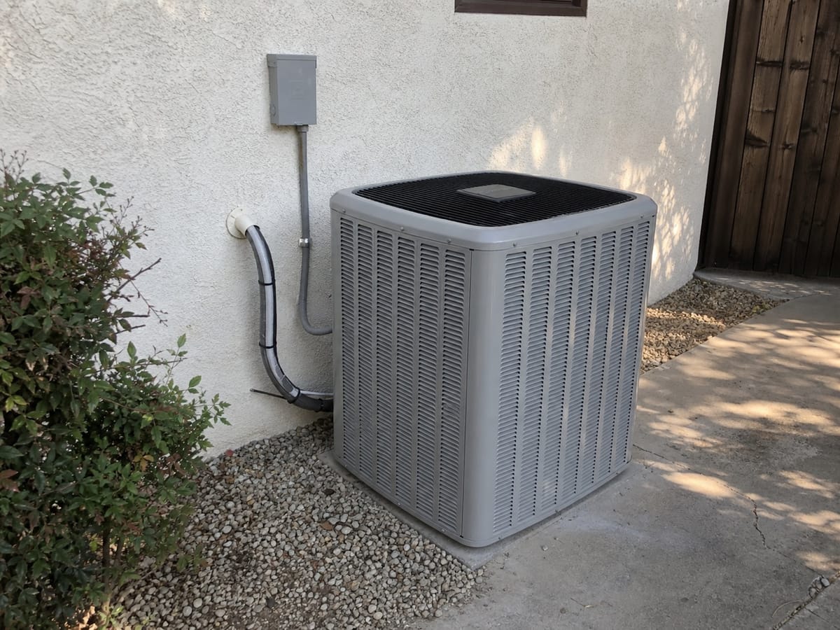 Outdoor air conditioning condenser installed beside a home